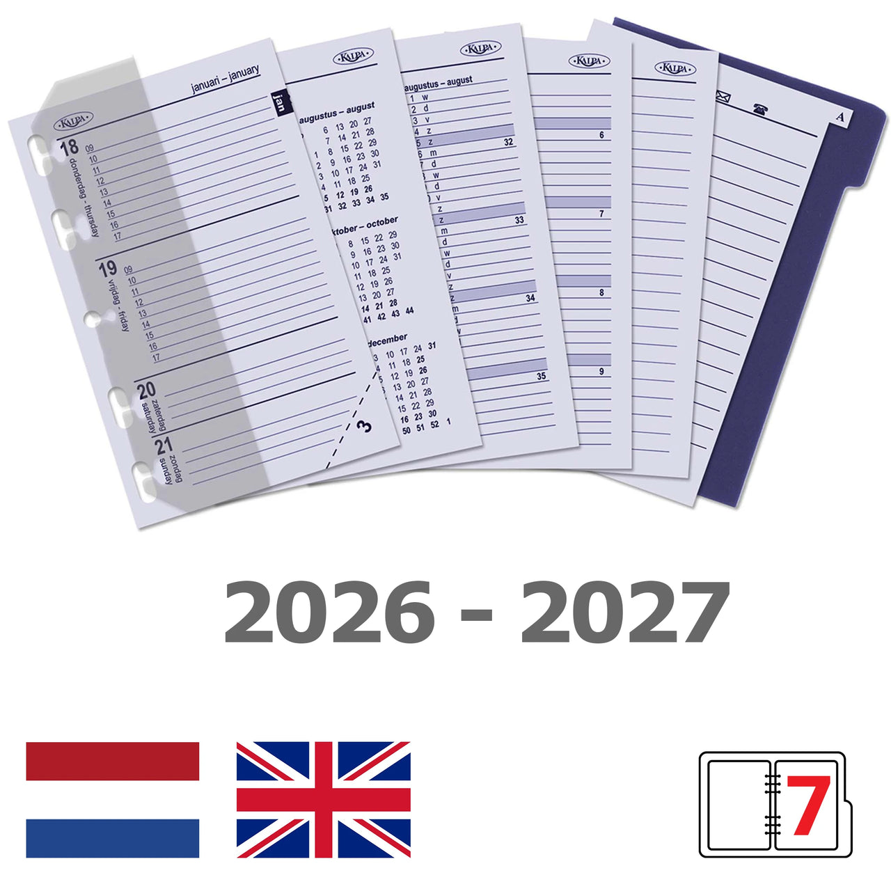 Set of planner pages with 2026-2027 dates, British flag, and brand logo.