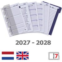 Set of planner pages with 2027-2028 dates, British flag, and brand logo on a white background.