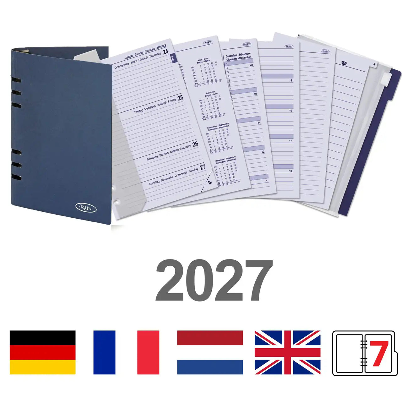 6406-27 210 x 144 mm A5 6 Ringplanner Vulling Week EN DE FR NL (een beetje roest op de ringband!) + opbergmap 2027