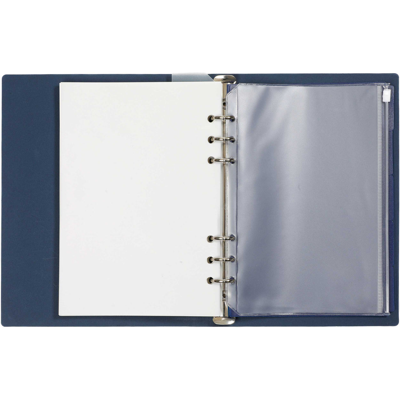 Blue ring-bound binder with a clear plastic page on a white background