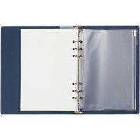 Blue ring-bound binder with a clear plastic page on a white background