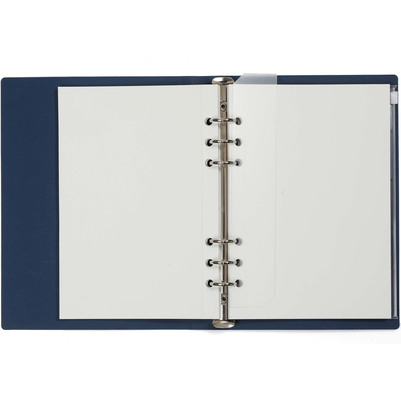 Blue ring binder with white pages on a white background