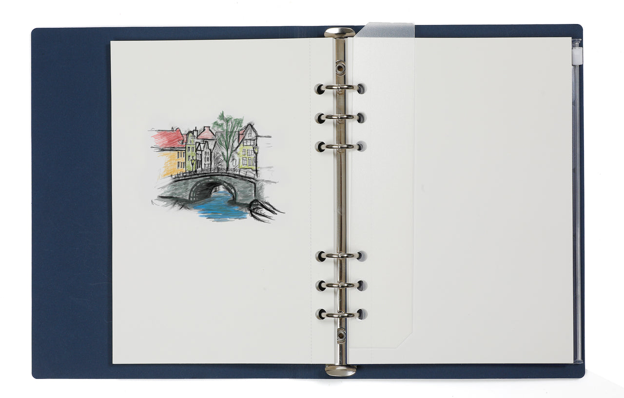 Open notebook with a colorful illustration of a bridge and buildings on the left page, on a white background.