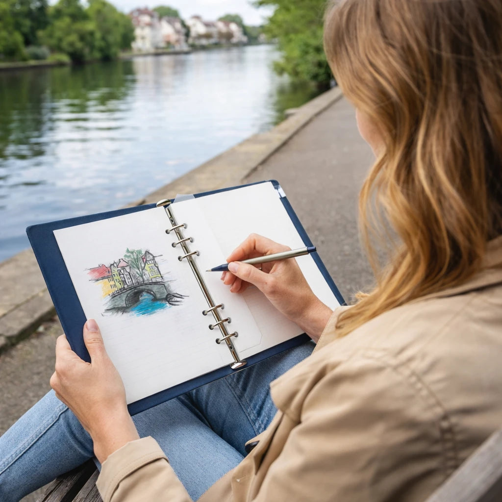 Person drawing by a lake