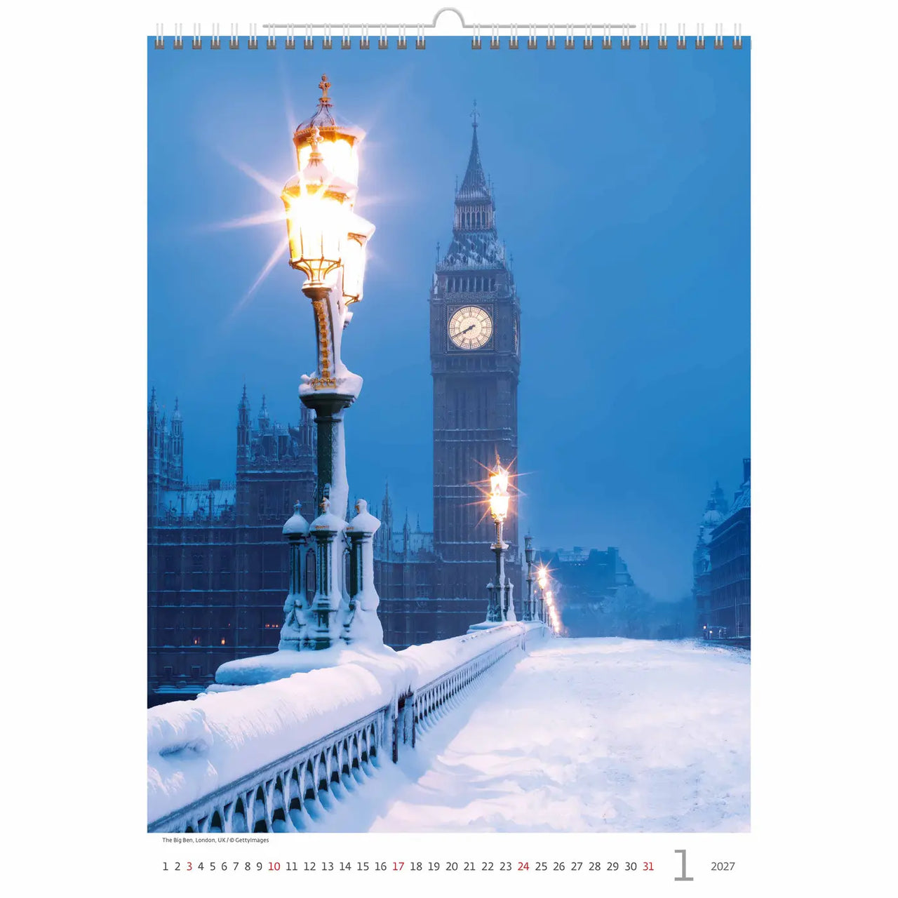 Kalenderpagina met een besneeuwd tafereel van de Big Ben 's nachts.