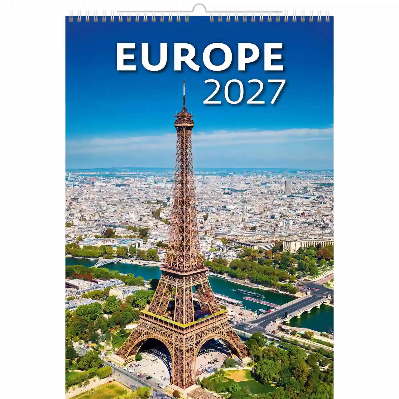 Kalenderomslag met Eiffeltoren en stadsgezicht, met tekst 'Europa 2027'.