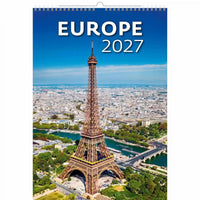 Kalenderomslag met Eiffeltoren en stadsgezicht, met tekst 'Europa 2027'.