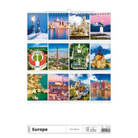 Wandkalender met schilderachtige afbeeldingen van Europa op een witte achtergrond