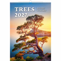 Kalenderomslag met een boom en zonsondergang boven water, met de tekst 'Trees 2027' op een blauwe achtergrond.