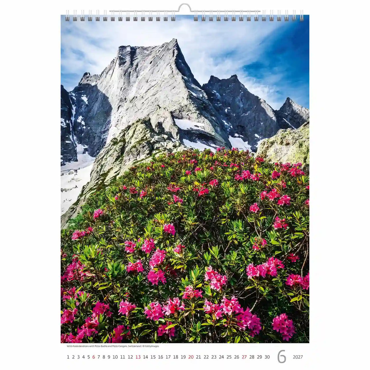 Kalenderpagina met een berglandschap met roze bloemen en een helderblauwe lucht.