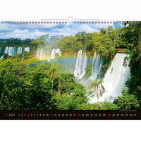 Kalender met een schilderachtig uitzicht op watervallen en regenboog in een bos