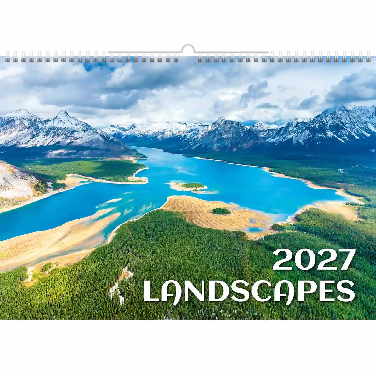 Landschapskalender 2027 met een schilderachtig uitzicht op bergen en een meer.