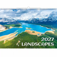 Landschapskalender 2027 met een schilderachtig uitzicht op bergen en een meer.