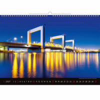Kalender met een brugontwerp op een blauwe achtergrond