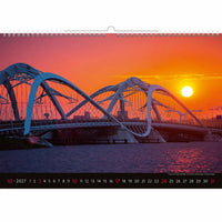 Kalender met brug- en zonsondergangontwerp, met het jaar 2027.