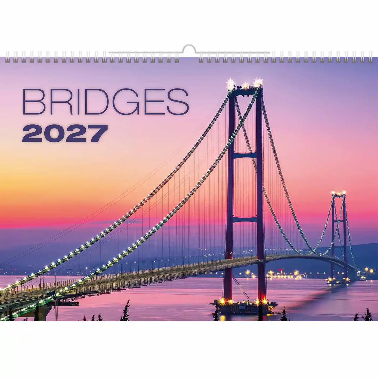 Kalenderomslag met brugontwerp en 'BRIDGES 2027'-tekst op een paarse en roze verloopachtergrond.