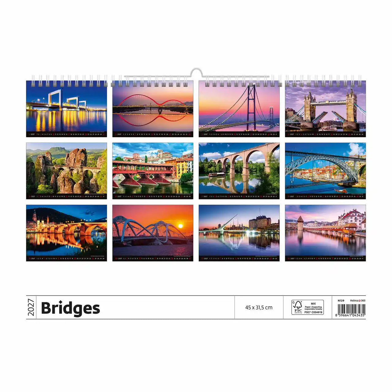Kalender met afbeeldingen van bruggen op een witte achtergrond