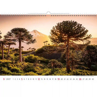 Kalender met een schilderachtig landschap met bomen en een berg bij zonsondergang.