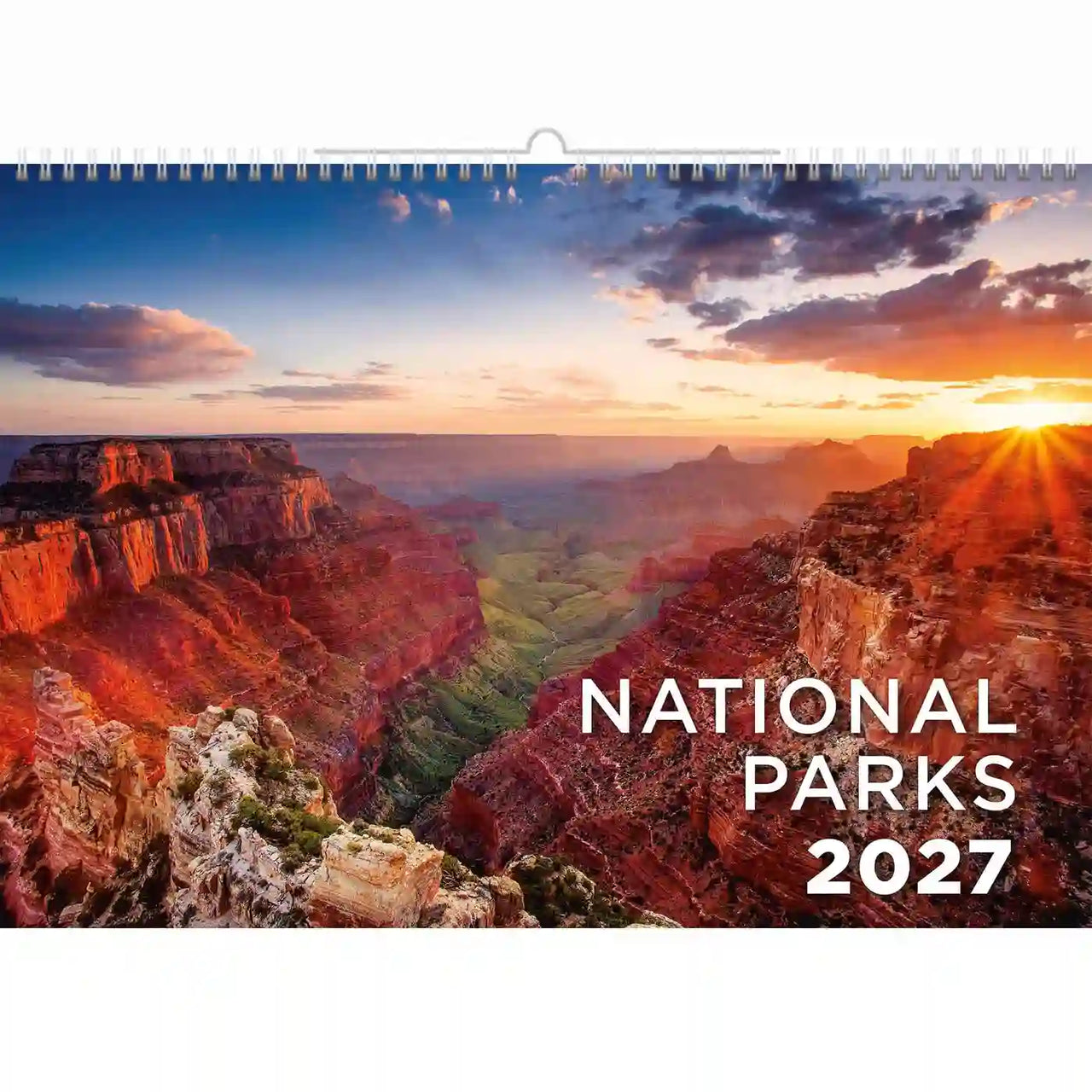 Nationale parken 2027 kalender met een schilderachtig uitzicht op een kloof bij zonsondergang.