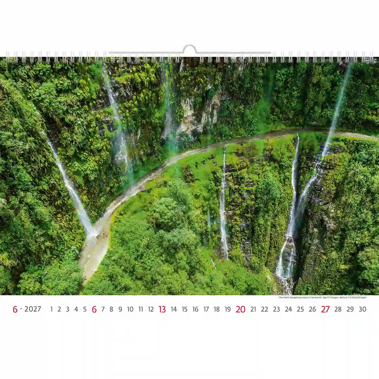 Kalender met een schilderachtig uitzicht op watervallen en groen