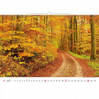 Kalender met een herfstbostafereel met een pad en kleurrijk gebladerte.
