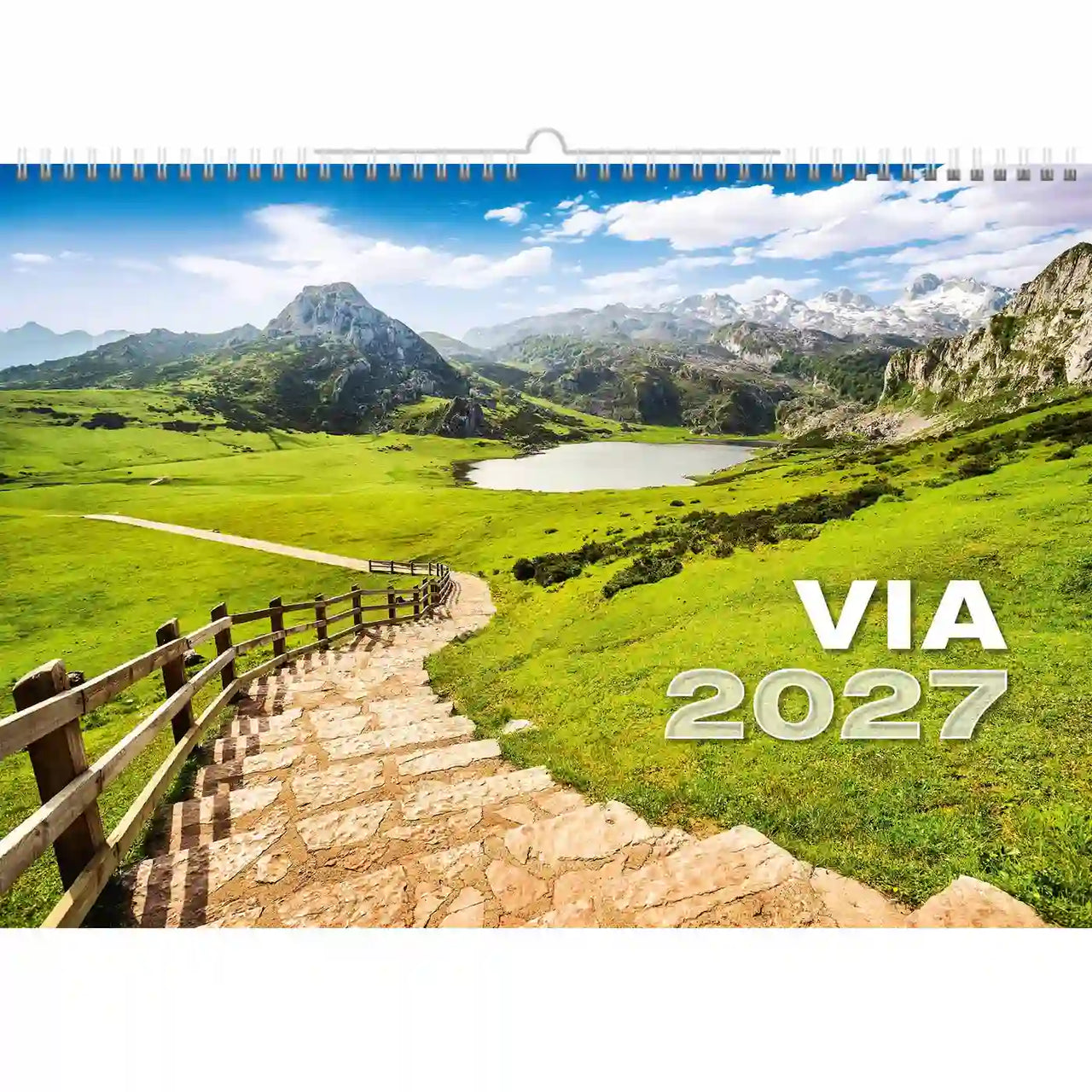 Kalender met schilderachtig berglandschap en tekst 'VIA 2027'.