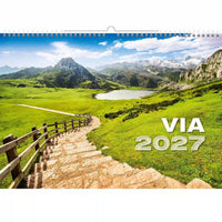 Kalender met schilderachtig berglandschap en tekst 'VIA 2027'.