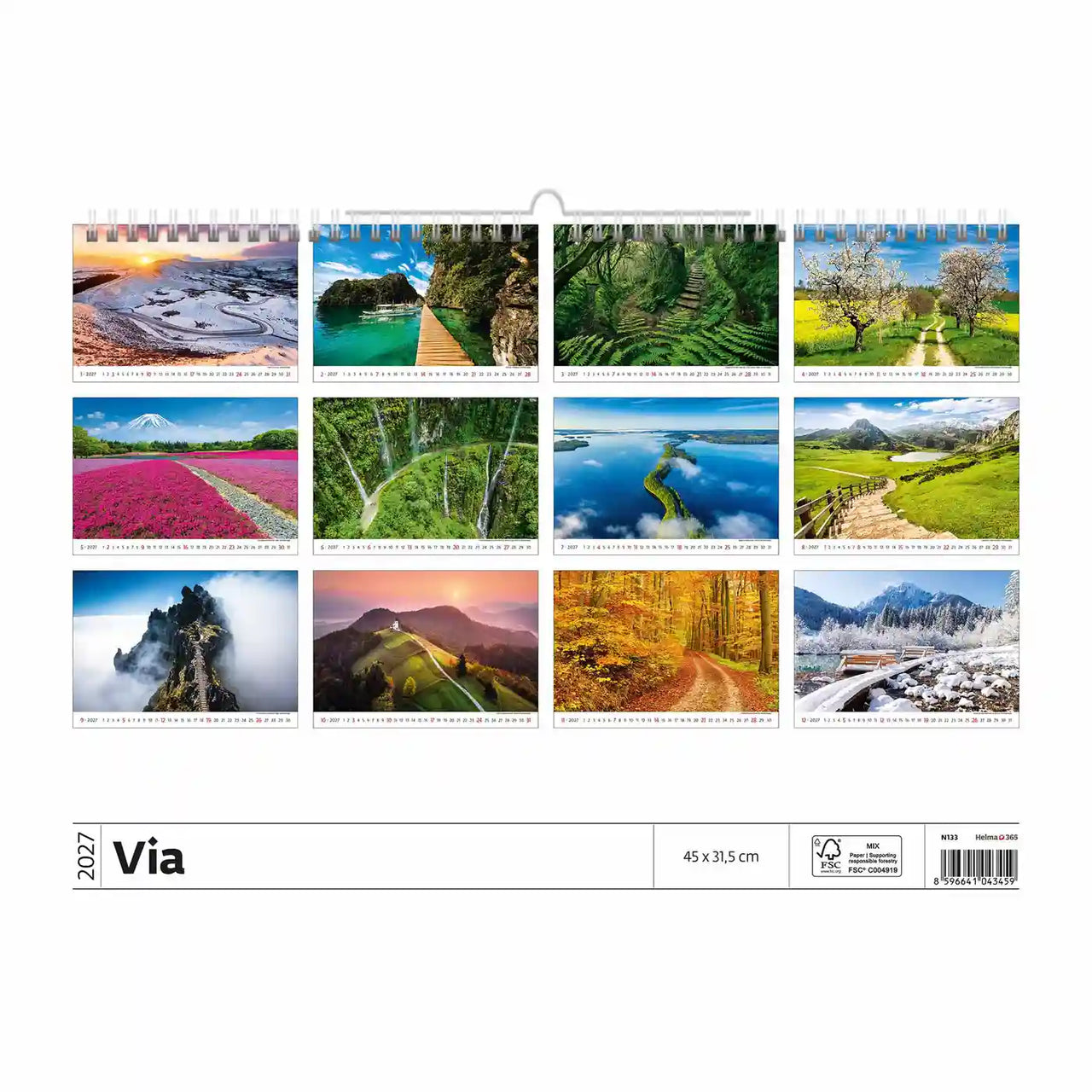 Wandkalender met schilderachtige landschapsafbeeldingen op een witte achtergrond