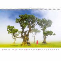 Kalender met een schilderachtig uitzicht op bomen en een persoon in een rode jurk op een grasveld.