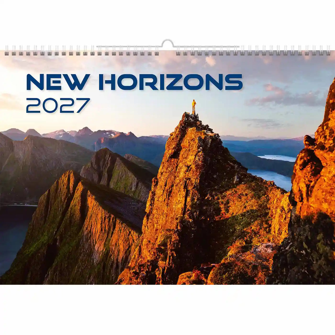 Kalenderomslag met bergtafereel en tekst 'New Horizons 2027'