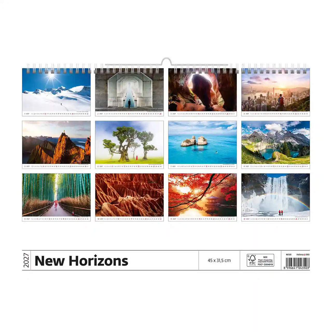 Kalender met schilderachtige afbeeldingen getiteld 'New Horizons' op een witte achtergrond