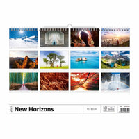 Kalender met schilderachtige afbeeldingen getiteld 'New Horizons' op een witte achtergrond