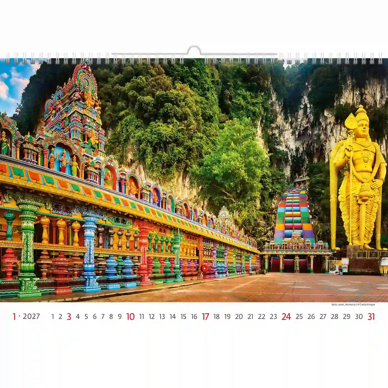 Kalender met een kleurrijke tempel en standbeeld in een natuurlijke omgeving