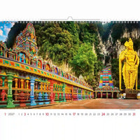 Kalender met een kleurrijke tempel en standbeeld in een natuurlijke omgeving
