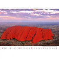 Kalender met een rode rotsformatie en landschapsweergave, met de maand oktober 2027.