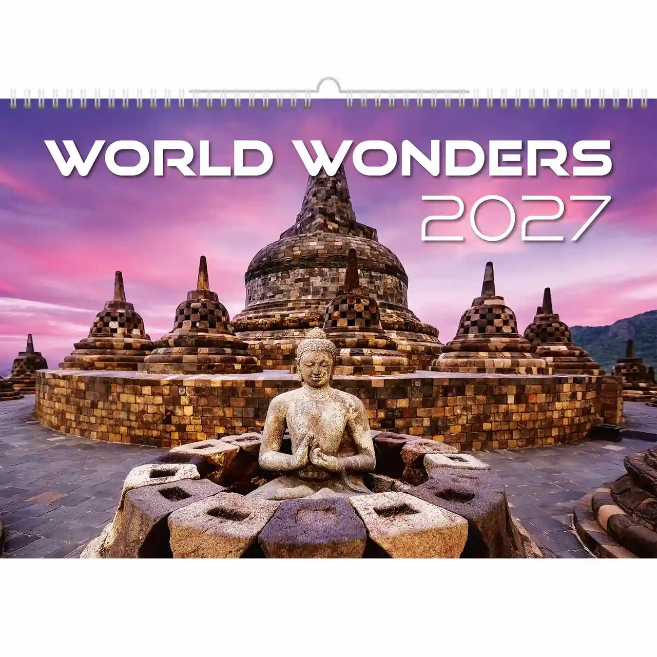 Kalenderomslag voor 2027 met een Boeddhabeeld en een tempel met een roze lucht.