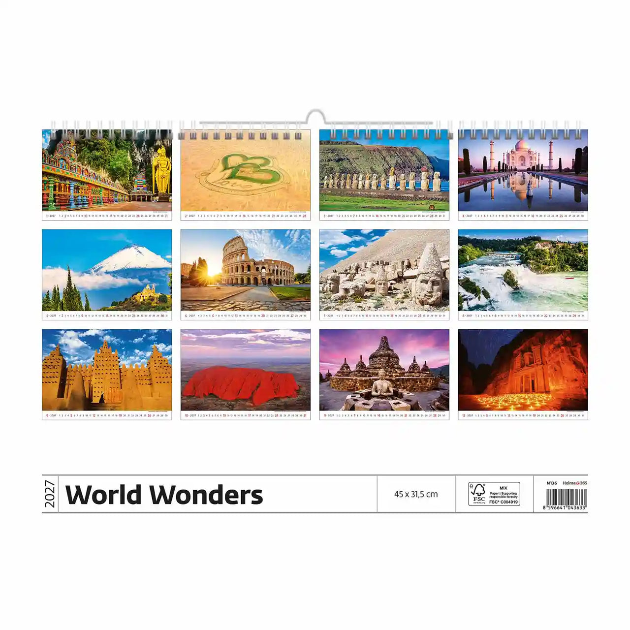 Wereldwonderenkalender 2027 met verschillende wereldoriëntatiepunten op een witte achtergrond