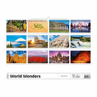 Wereldwonderenkalender 2027 met verschillende wereldoriëntatiepunten op een witte achtergrond