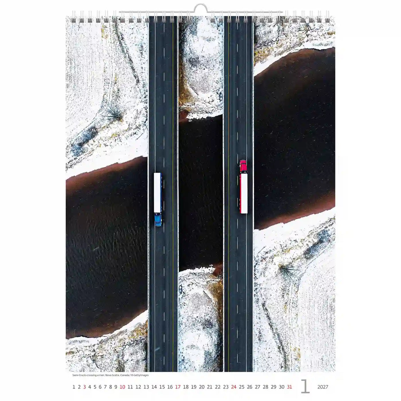 Kalender met een luchtroute tussen twee bergen