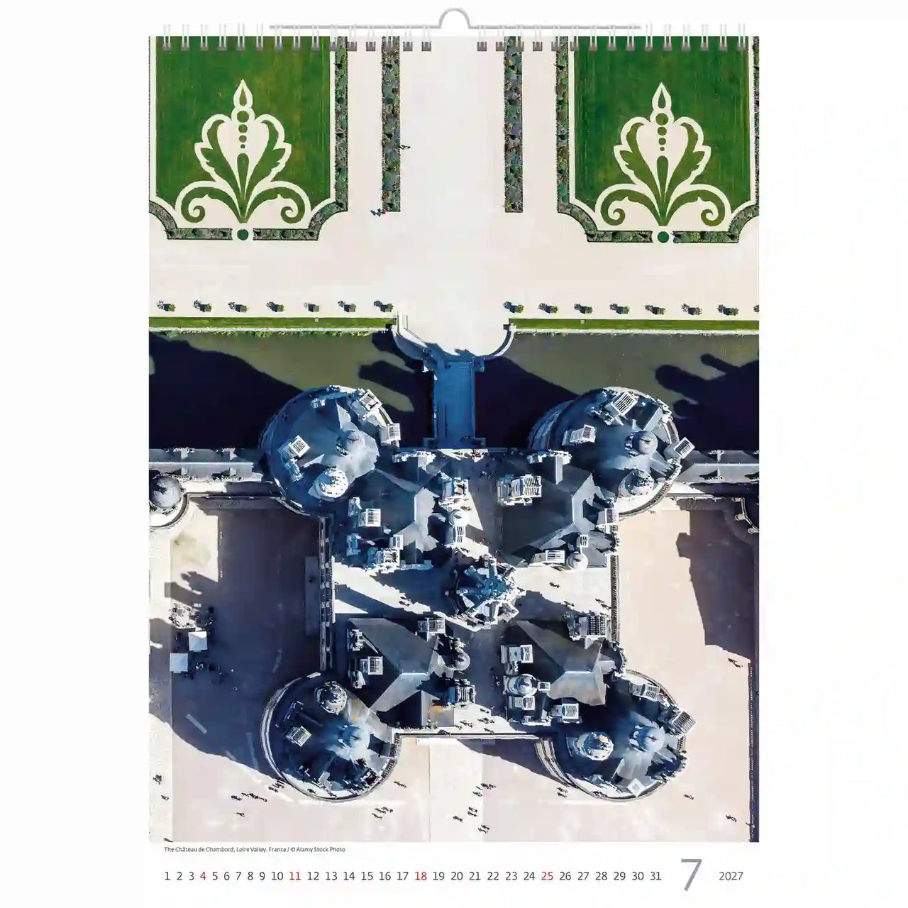 Kalender met een luchtfoto van een gebouw en zijn tuin