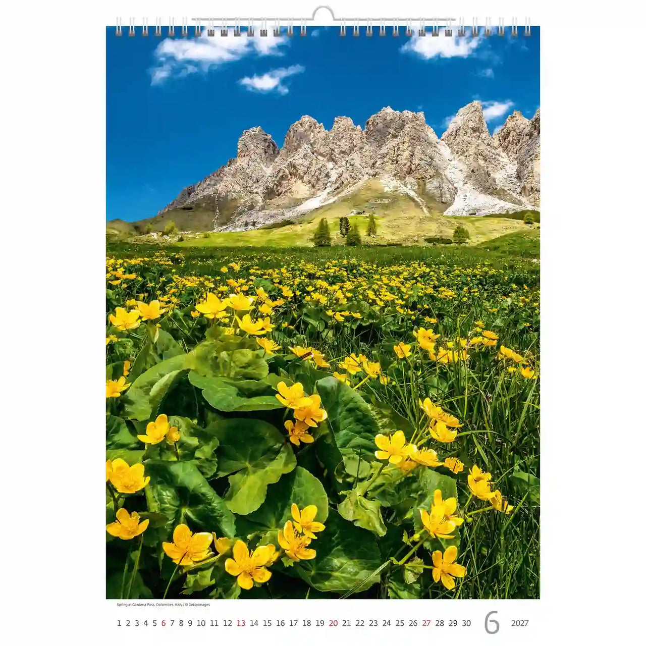 Kalenderpagina met een berglandschap en gele bloemen
