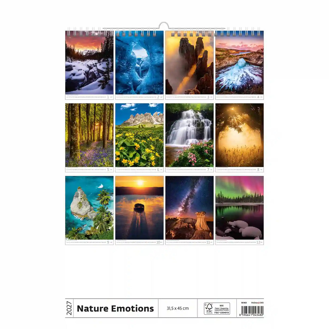 Kalender met diverse natuurthema-afbeeldingen op een witte achtergrond
