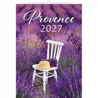 Kalenderhoes met een witte stoel in een lavendelveld en tekst 'Provence 2027'.