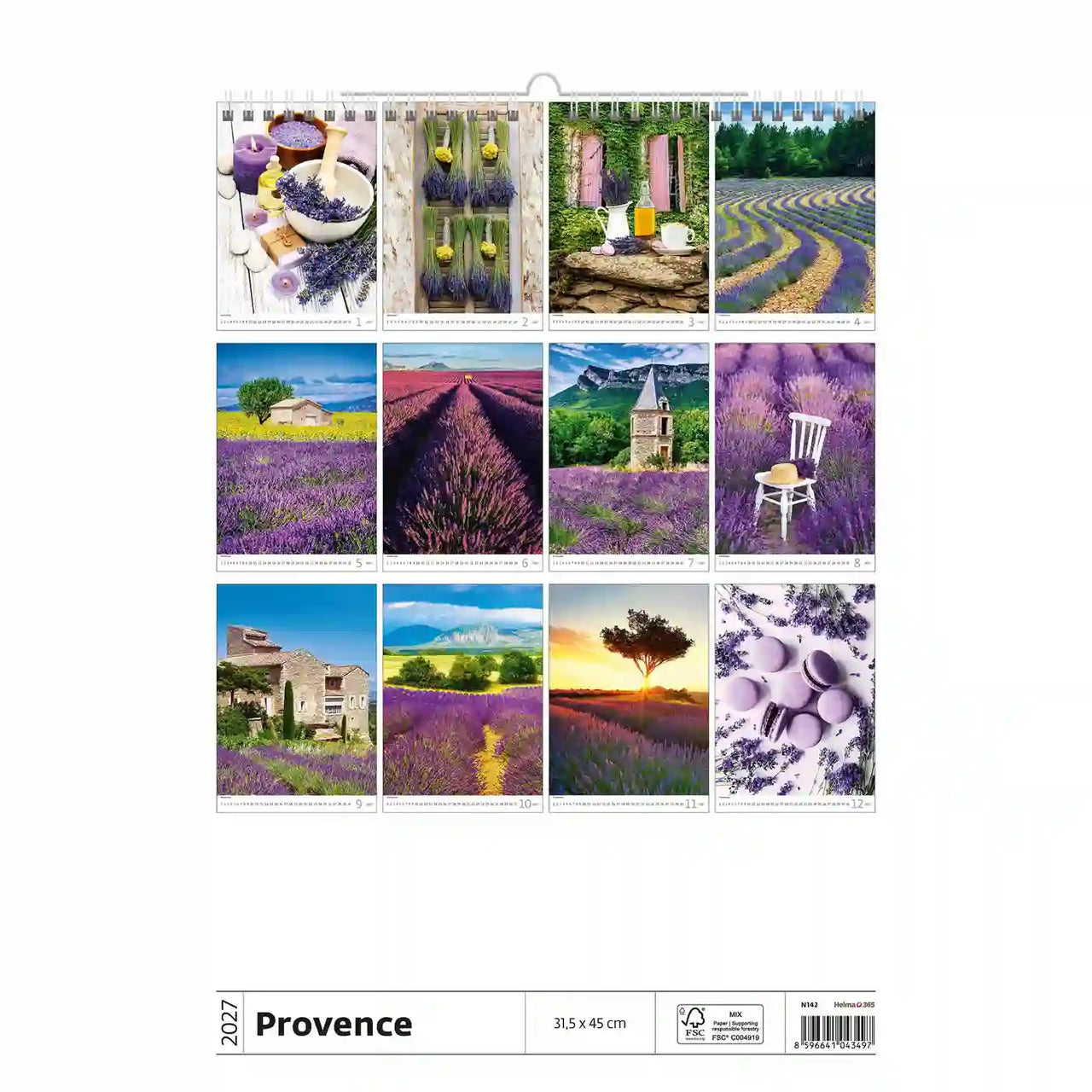 Kalender met afbeeldingen van lavendelvelden en Franse landschappen op een witte achtergrond