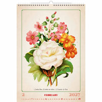 Bloemmotief op een kalender voor februari 2027 met bloemen in roze, wit en oranje.