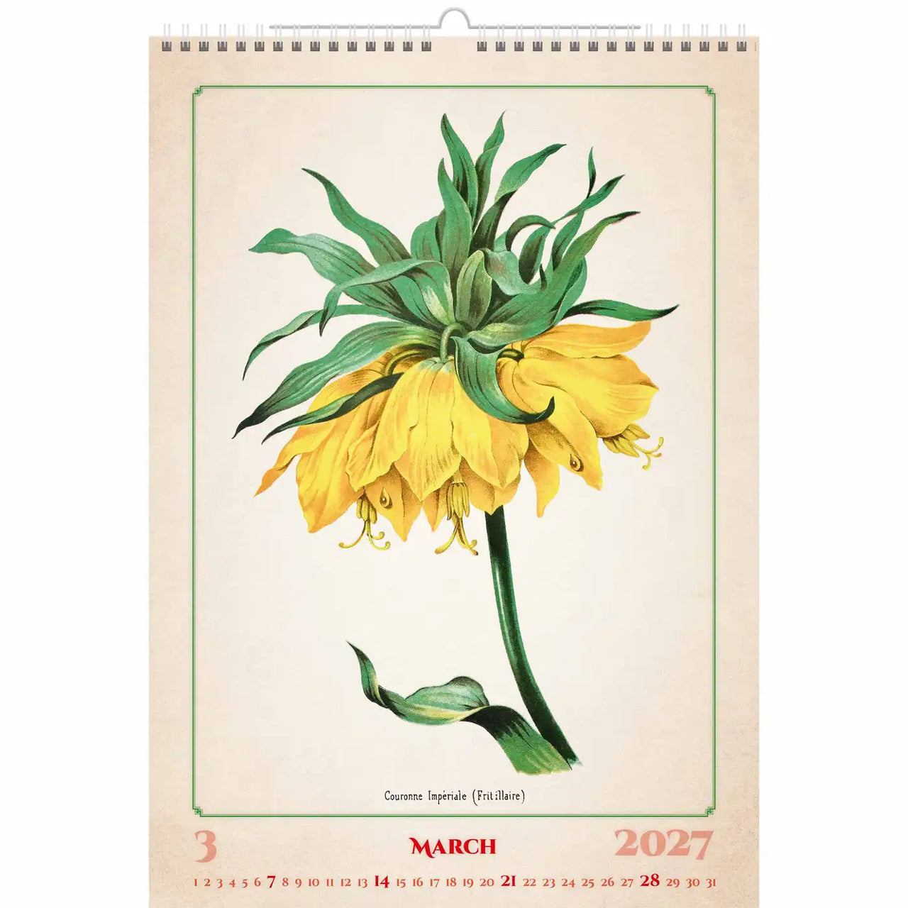 Kalender met een bloemenillustratie voor maart 2027 op een beige achtergrond