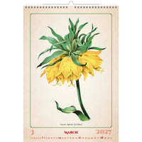 Kalender met een bloemenillustratie voor maart 2027 op een beige achtergrond