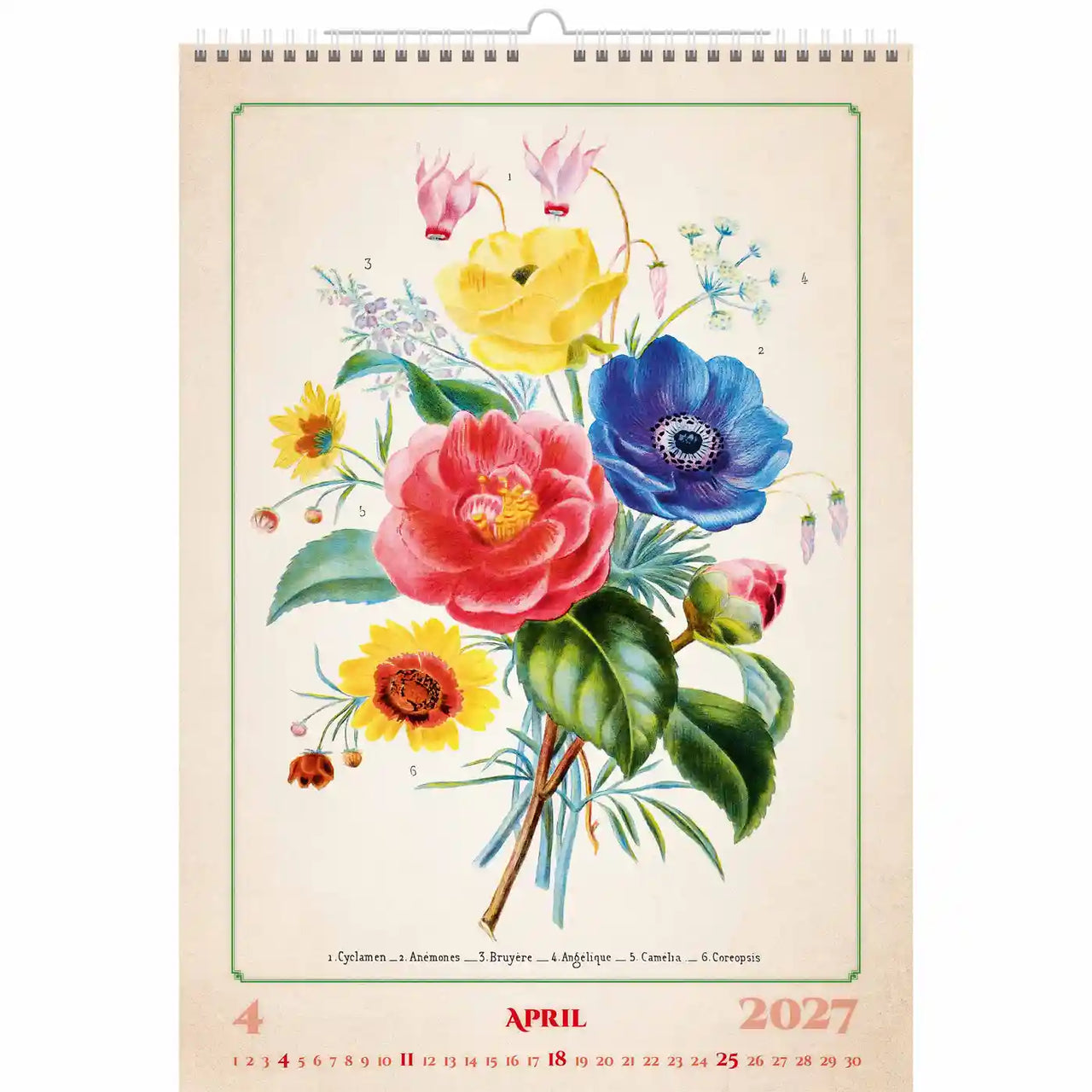 Bloemmotief op een kalender voor april 2027 met kleurrijke bloemen op een beige achtergrond.