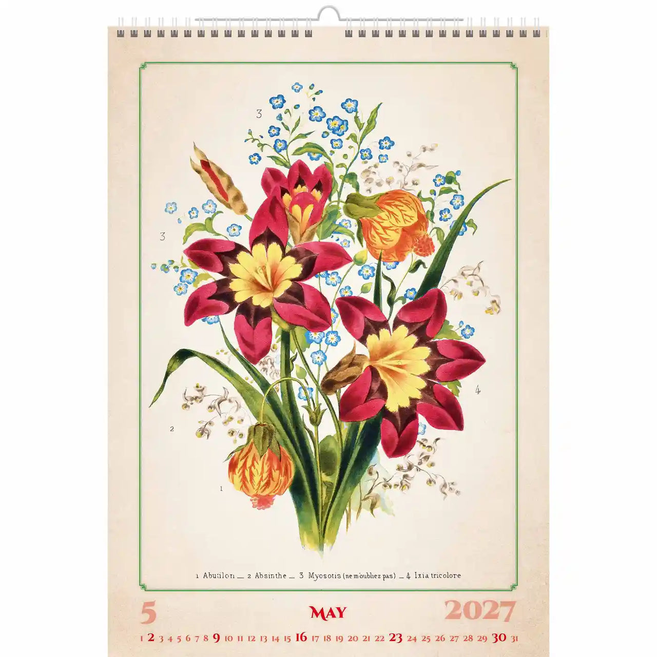 Bloemmotief op een kalender voor mei 2027 met een beige rand.