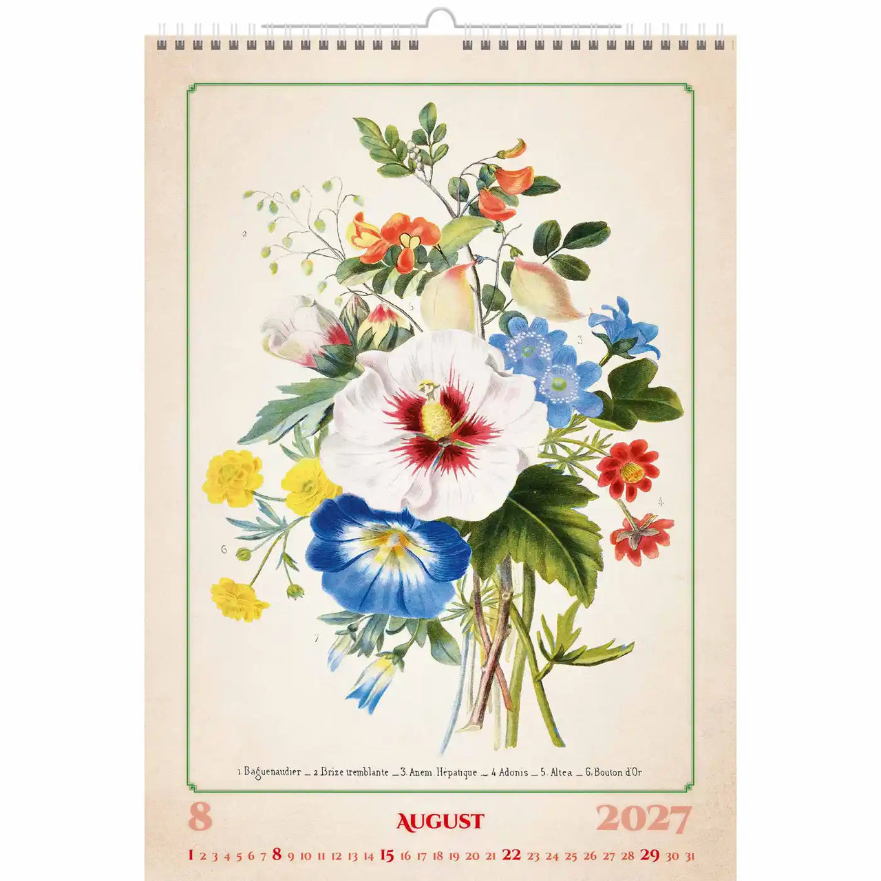 Bloemenontwerpkalender voor augustus 2027 met een vintage stijl.